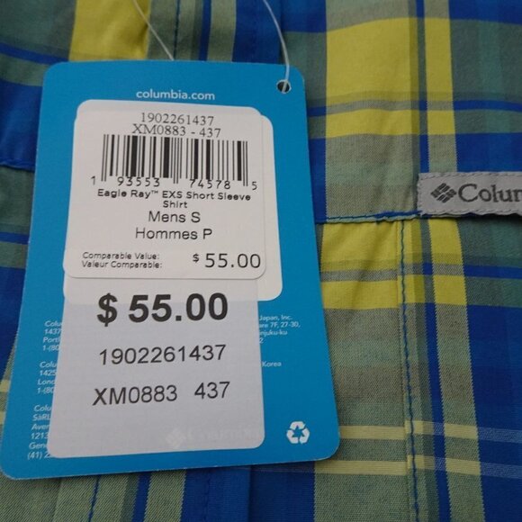 Columbia Short Sleeve Shirt Men's Size S Blue Plaid Button Front Eagle Ray - Picture 8 of 9